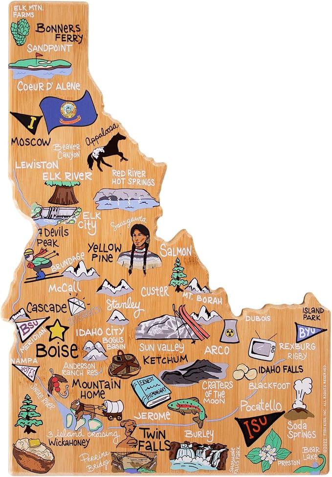 Totally Bamboo Idaho State Shaped Cutting Board, Art by Fish Kiss | State charcuterie board with colorful hand-drawn map artwork. Smooth reverse side for food prep. Hang tie for wall display.