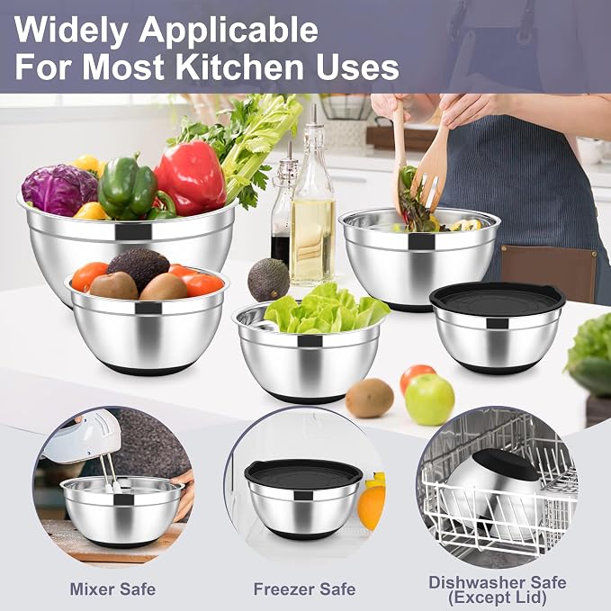 TeamFar Mixing Bowls, Stainless Steel Salad Bowl with Lid & Graters -Black | 6 PCS for Kitchen Baking Serving Prepping, Container for Dough Veggie Fruit, Non-Slip & Nesting, 4.6 /3.5 /2 /1.5 /1 /0.7 QT