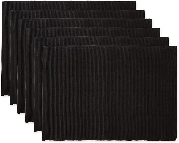 DII Basic Everyday Ribbed Tabletop 100% Cotton, Placemat Set, 13x19, Black, 6 Piece