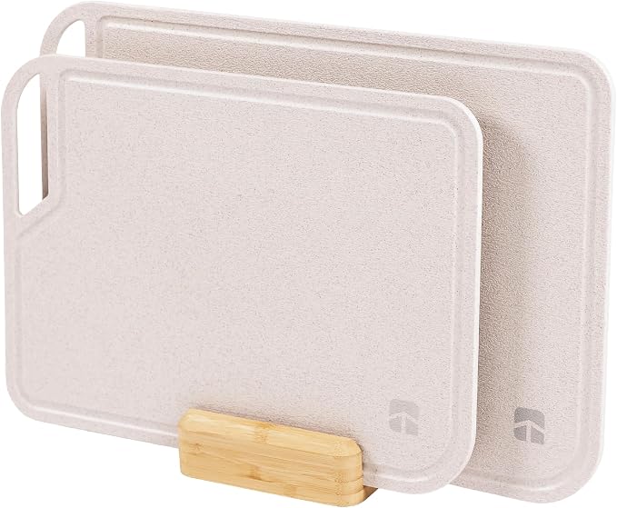 Rice Fiber Cutting Board Set with Stand, 2-Piece, Bamboo | Juice grooves, handles, 13.5x9.5in and 15.5x11in boards, cooking prep