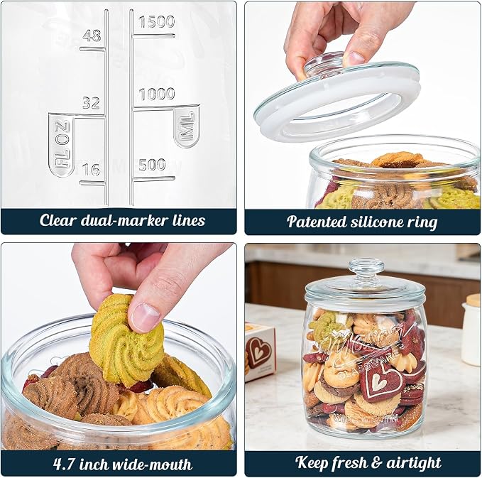 Cookie Jar with Airtight Lids, Half Gallon Glass Jar 1 Pack | 64 Oz Wide Mouth Mason Jar, Sourdough Starter Jar, for Kitchen Pantry & Laundry Room Storage, for Candy, Flour, Dog Treats
