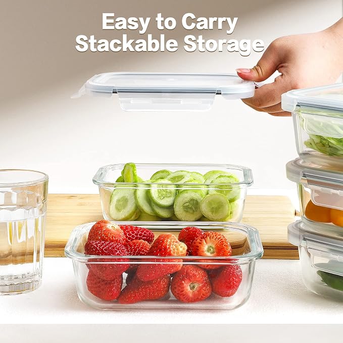 HOMBERKING 30oz 8 Pack Glass Meal Prep Containers with Lids, Food Storage Airtight Bento Boxes with Leak Proof Locking for Microwave, Oven, Freezer and Dishwasher (8 lids & 8 Containers)