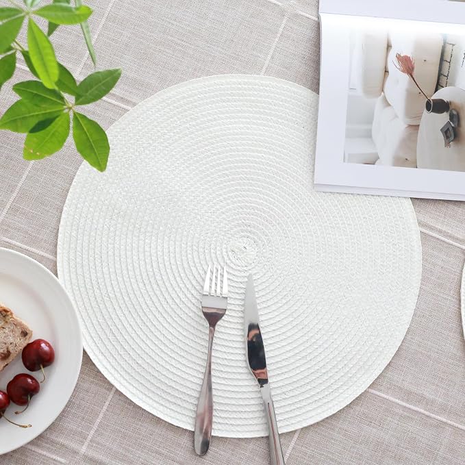 Winknowl 15 Inch Round Braided Placemats Set of 6, Washable Cotton Polyester Table Mats, Heat Resistant Non-Slip Place Mats for Kitchen Dining Table Decor (White,6pcs)