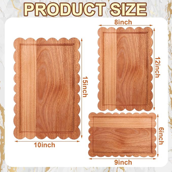 3 Pcs Walnut Wood Scalloped Cutting Boards for Kitchen, Medium | Juice Groove, Blank Wood Charcuterie Tray, Snack Cheese, Appetizers Grazing Platter, Engraving Gift, Crafts Rustic Wall