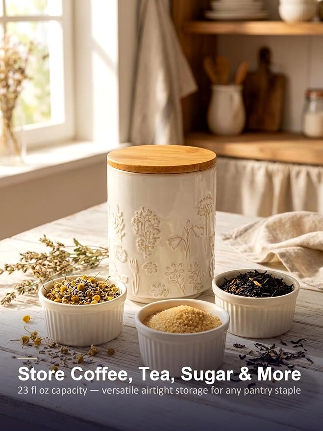 TEATALK Embossed Ceramic Canister with Airtight Lid, 23oz Decorative Storage Jar for Coffee, Tea, Sugar, Flour & Cookies, Farmhouse Kitchen Canisters for Counter, Pantry Organization, Flower Butterfly