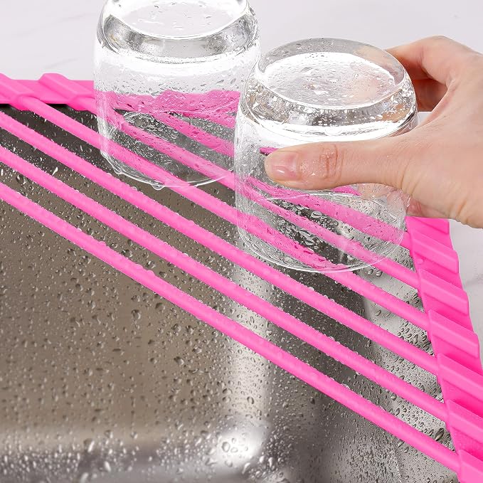 Tomorotec Roll Up Dish Drying Rack with Silicone Coating, Hot Pink | 304 Stainless Steel with BPA-Free Silicone, Triangle Design Maximizes Sink Corner Space, Fits Compact Kitchens And RVs