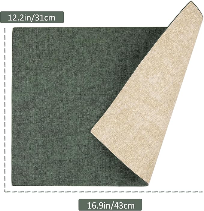Leather Placemats Table Mats Set of 6, Dark Green and Beige | Reversible Non-Slip Table Placemats, Heat-Resistant and Waterproof for Dining Kitchen and Holiday Parties