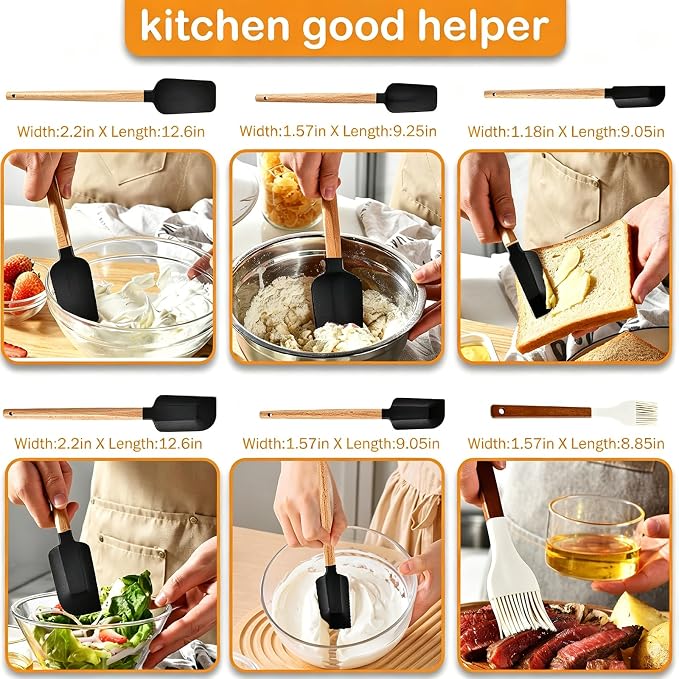 7 Piece Silicone Spatula Set, Food Grade Rubber Spatula Set with Wooden Handle, Heat Resistant Up to 600°F, Silicone Utensils Set for Baking, Cooking & Mixing, Jar, Non-Stick Kitchen Utensils(Black)