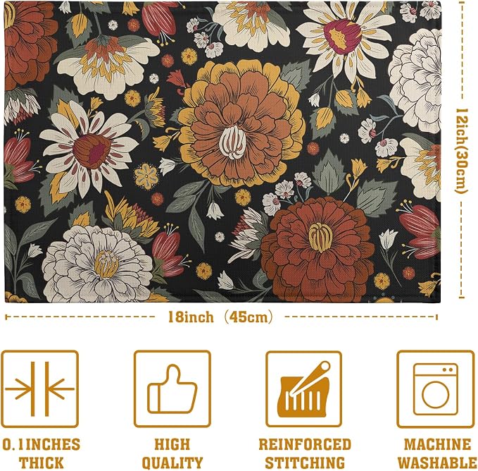 Black Boho Floral Placemats Set of 4 Spring Summer Vintage Flowers Botanical Decorative Table Mats Mid Century Modern Linen Place Mats for Party Kitchen Dining Outdoor Indoor Decor