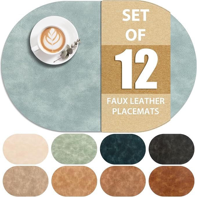 ADRIMER Placemats, Heat Resistant Oval Placemats Set of 12 Washable 12 x 17 Inch, Waterproof Table Mats, Wipeable Pu Place Mats for Kitchen, Dining Room, Light Blue