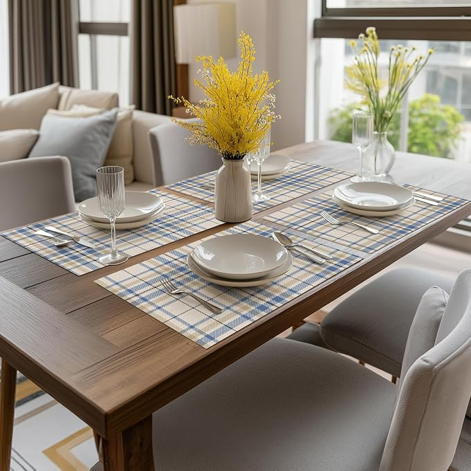 Artoid Mode Stripe Plaid Vinyl Placemats Set of 4, 12x18 Inch Washable Non-Slip Heat Resistant Plastic Place Mats for Party Dining Table, Brown/Blue