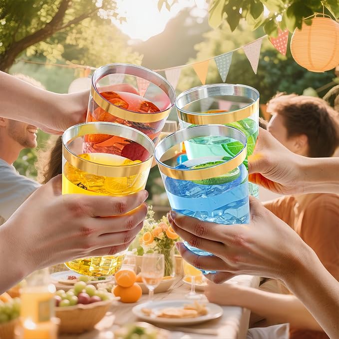 I00000 50 Pack 18 oz Gold Plastic Cups, Elegant Gold Rimmed Plastic Cups, Disposable Cocktail Glasses Wine Glasses, 18 oz Premium Tumblers Perfect for Birthday, Party & Wedding