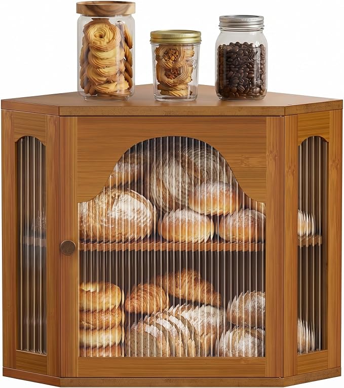 2-Tier Corner Bread Box for Kitchen Countertop with Acrylic Wavy Door Panel | Bread Storage for Homemade Bread, Large Bamboo Vintage Farmhouse Bread Bin, Cabinet Cupboard Pantry, Caramel, Meduim