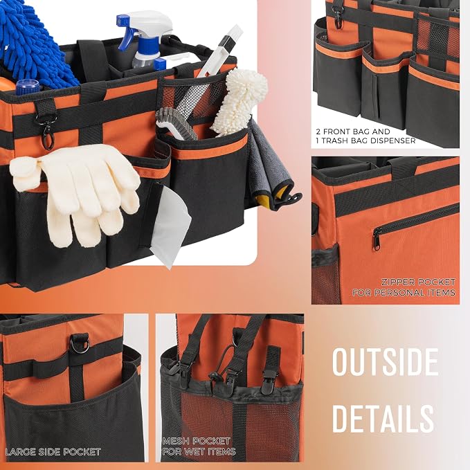 SCAVATA Wearable Cleaning Caddy, Cleaning Caddy Supplies Organizer with Handle & Shoulder Straps for Housekeepers, Under Sink & Car Cleaning Tool Organizers Bag with 4 Foldable Divider (RetroOrange)