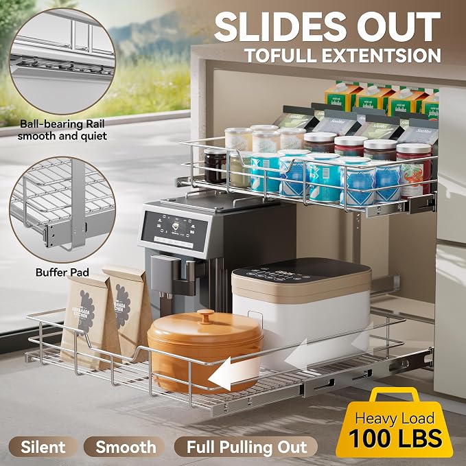 2 Tier Pull Out Cabinet Organizer 9" W X 22" D, Chromed, Full Slide Out | For Kitchen Organizers and Storage, Pull Out Drawers For Cabinets Capacity Heavy Duty Caddy, Cabinet Shelves, Bathroom Pantry