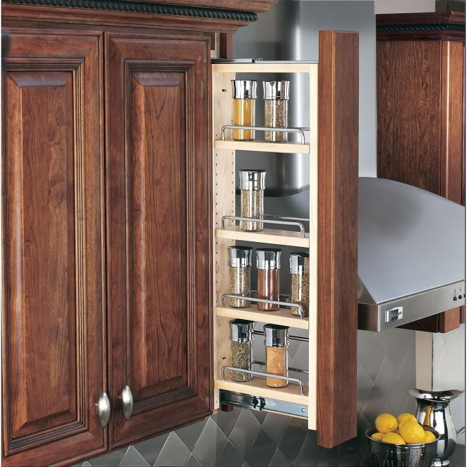 Rev-A-Shelf Kitchen Cabinet Pullout Wall Filler Wooden Organizer Slide Out Pantry Storage w/Soft-Close in Multiple Sizes, Maple Wood, 432-WFBBSC30-6C
