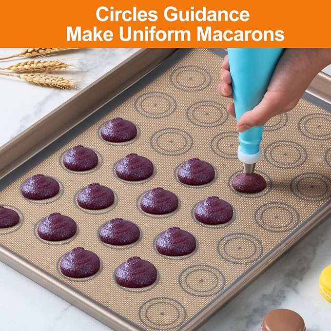 Angadona Macaron Silicone Baking Mats Kit (16pcs set) Macaroon Baking Mat Set of 2 Half Sheet Macaron Silicone Mat Nonstick Macaron Mat Sheet,6 Piping Tip,2 Piping Bag with 3 Bag Tie,2 coupler