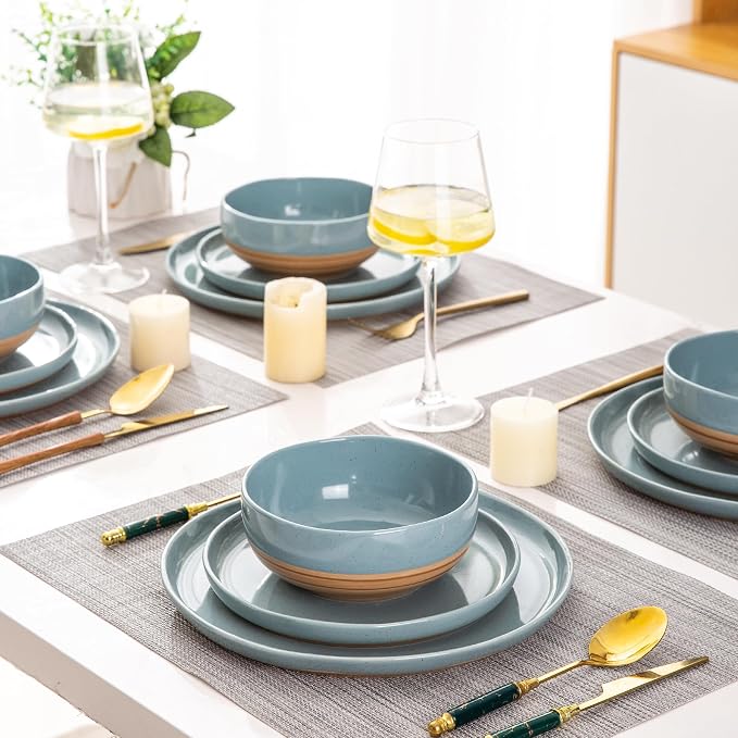 AmorArc Dinnerware Sets for 4, 12 Pieces Ceramic Plates and Bowls Set | Scratch Resistant Stoneware Dishes Set, Dishwasher & Microwave Safe, Stone Blue