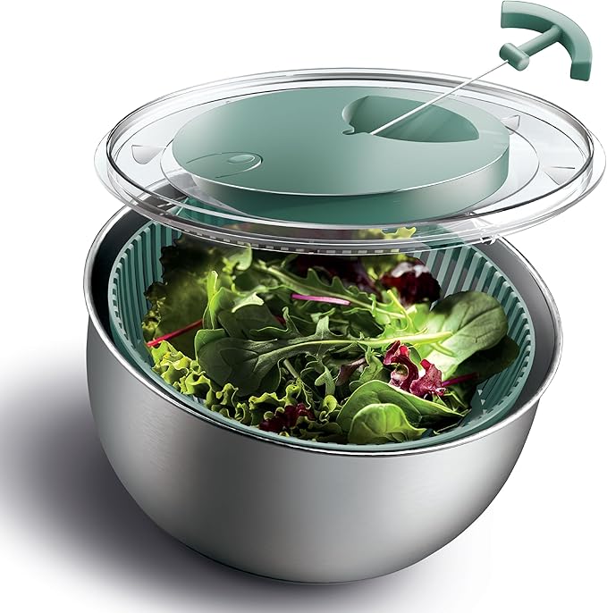 COOK WITH COLOR Stainless Steel Salad Spinner - 5 Qt. Lettuce Washer And Vegetable Spinner Dryer for Easy Salad Prep - Non Slip Base with Pull Handle - Auto Stop Brake System, Stain and Odor Resistant