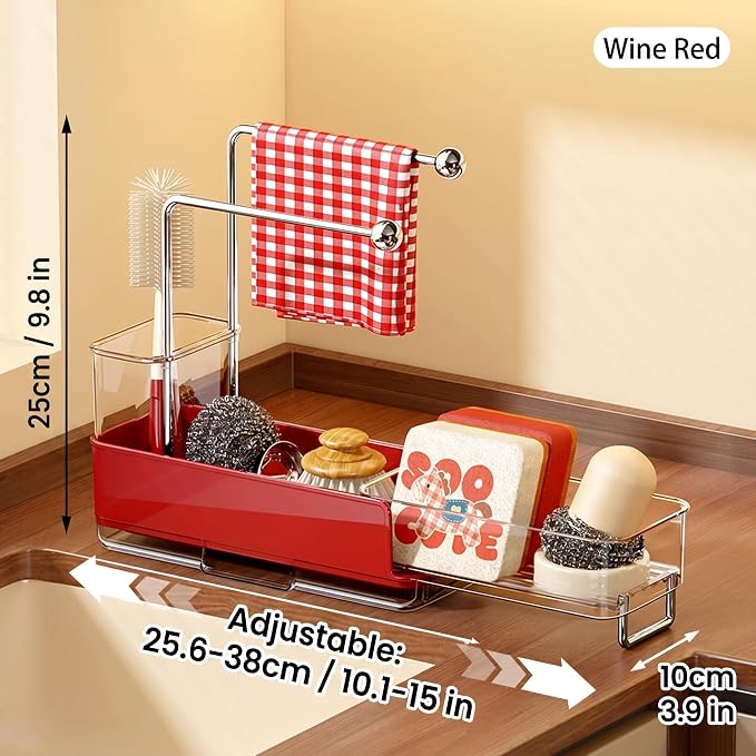 Expandable Kitchen Sink Caddy 25-38cm, 360° Rotating Sponge Holder & Brush | Red, large, stretchable 25-38cm. Side brush holder, triple drainage, rust-proof. Ideal for sponge & kitchen sink accessories.
