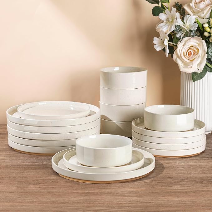 AmorArc Stoneware Dinnerware Sets for 6,18 Pcs Plates and Bowls Set | Handmade Ceramic Dish Set,Dishwasher & Microwave Safe,Scratch Resistant-Beige