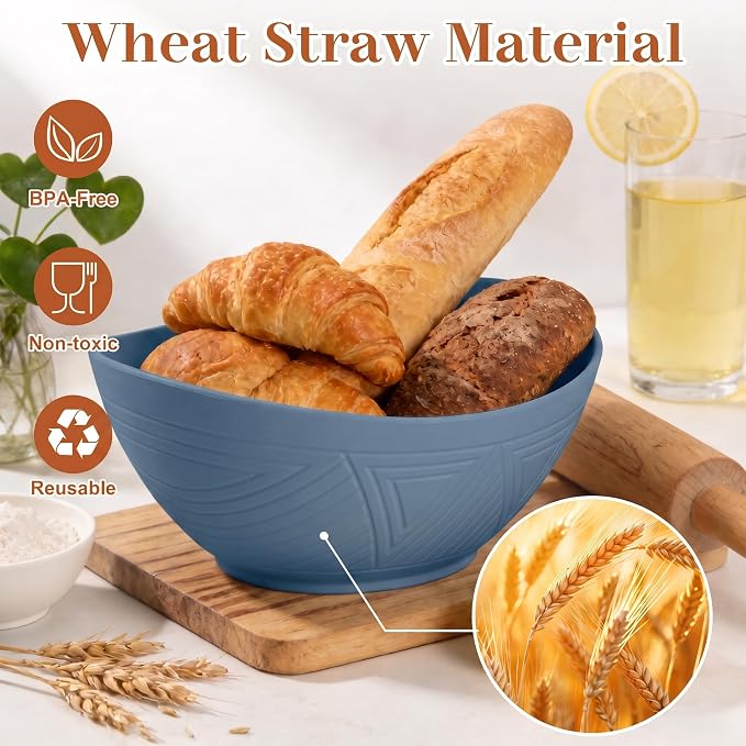 65 OZ Wheta Straw Bowls Set - Unbreakable Large Salad Bowl 4 PCS, Large Capacity Kitchen Bowls Microwave & Dishwasher Safe Serving Bowl for Salad, Popcorn, Chip (Blue)