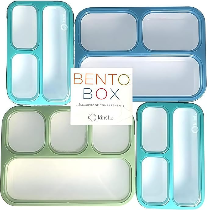 kinsho Bento-Box Lunch and Snack Boxes. Family Pack of 4 Meal Planning Portion Containers for Kids, Women, Adults. BPA Free. Utensils, Blue & Green Set (2 Large + 2 Small)