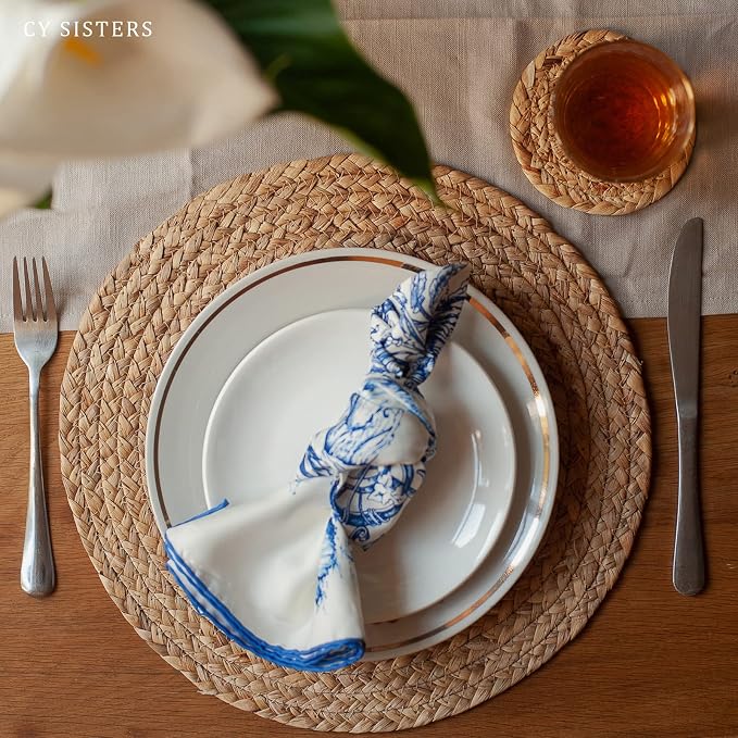 Woven Placemats Round Placemats Set of 6, 13.5 Inch Wicker Placemat Circle Rattan Placemats Farmhouse Boho Braided Natural Water Hyacinth Place Mats for Indoor & Outdoor Table Decor