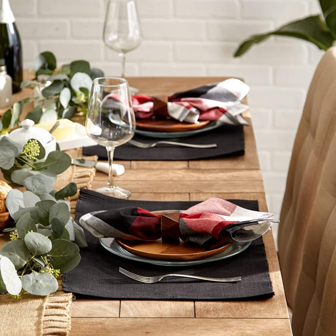 DII Basic Everyday Ribbed Tabletop 100% Cotton, Placemat Set, 13x19, Black, 6 Piece