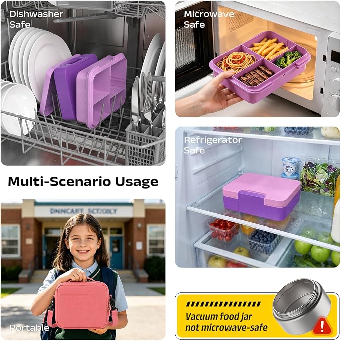 Bento Lunch Box Set for Kids with 8.5oz Hot Food Jar Leak-Proof Lunch Food Container with Insulated Lunch Bag for Toddlers Girls Boys Teens to School, Office, Picnic, Camping, Travel - Purple