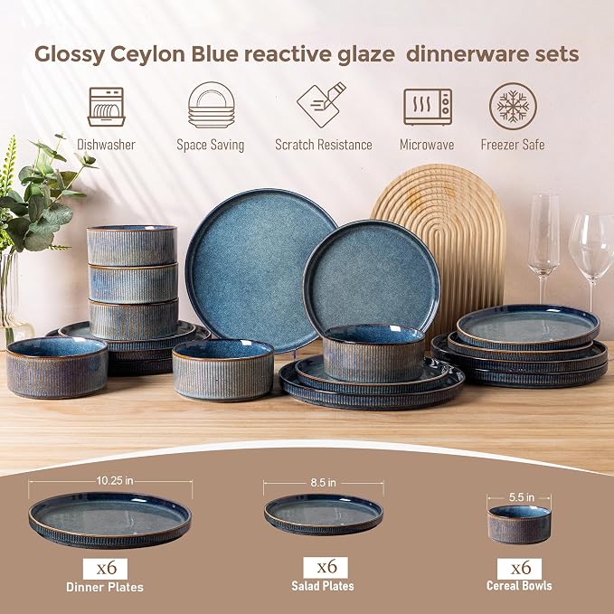 GBHOME Stoneware Dinnerware Sets for 6, 18-Piece Plates and Bowls Set | Handmade Reactive Glaze Ceramic Dish Set, Scratch Resistant, Dishwasher&Microwave Safe,Ceylon Blue