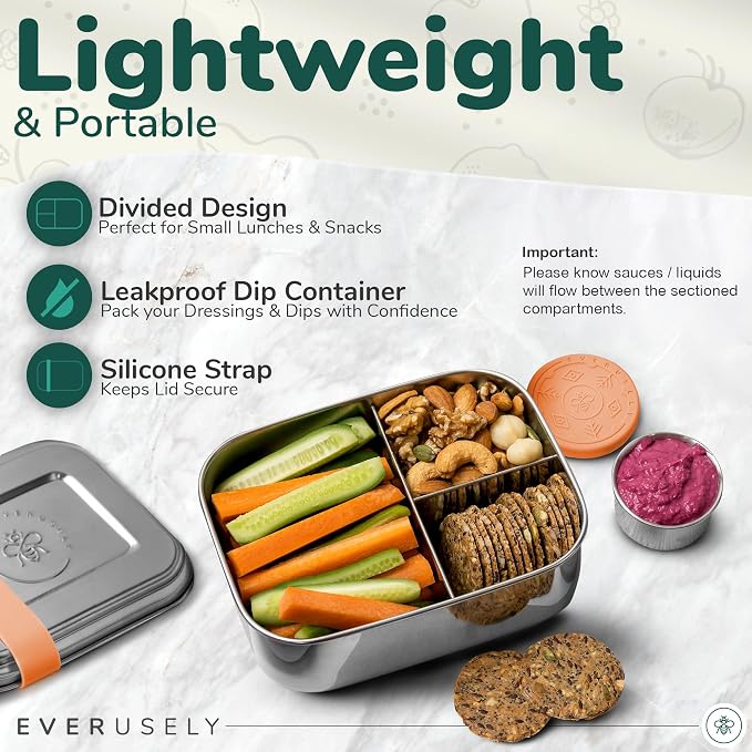 Stainless Steel Bento Box + Condiment Container - Orange, 27oz / 0.8 L | Everusely metal lunch box, leakproof sauce container, 3 compartment snack organizer for travel, freezer & dishwasher safe