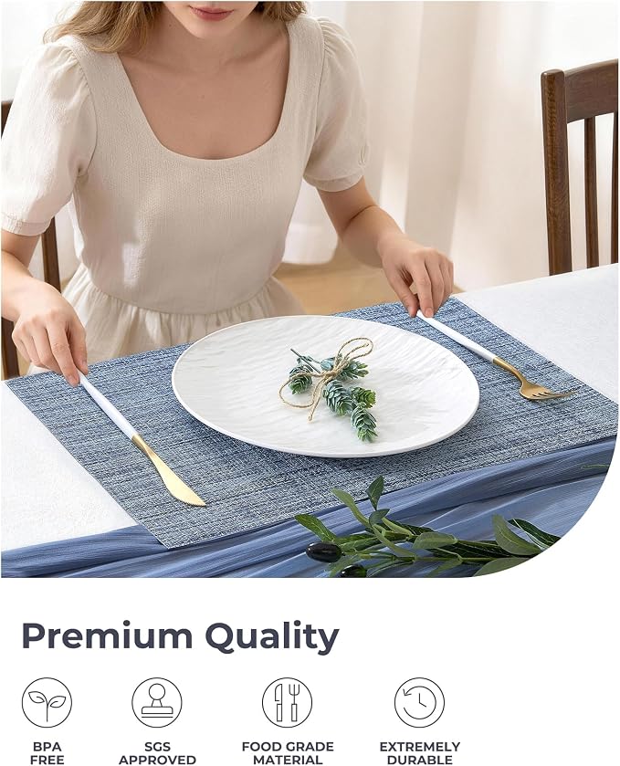 Leetaltree Deep Navy Woven Placemats Set of 24 - Heat Resistant Non-Slip Place mats for Dining Table, Washable Durable PVC Vinyl Woven Table Mats(Deep Navy, 24)