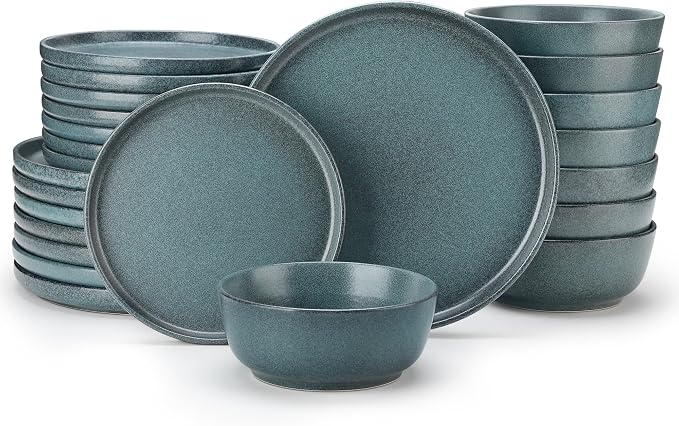 vancasso ZERMATT 24 Pieces Stoneware Dinnerware, Plates and Bowls Set for 8 | Dishes Set for 8 in Smoky Teal Reactive Glaze Stoneware, Kitchen Dinner Set, Microwave and Dishwasher Safe