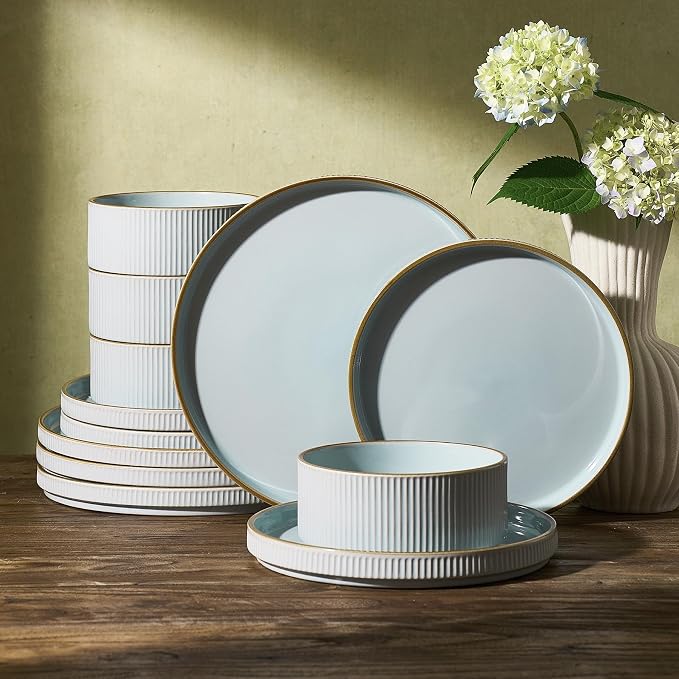 Famiware Plates and Bowls Set with Rim, Stoneware Dinnerware Sets for 4 | 12-Piece Ceramic Dishes, Lipped Edges, Chip & Scratch Resistant, Microwave & Dishwasher Safe, Everyday Formal Use, Light Blue