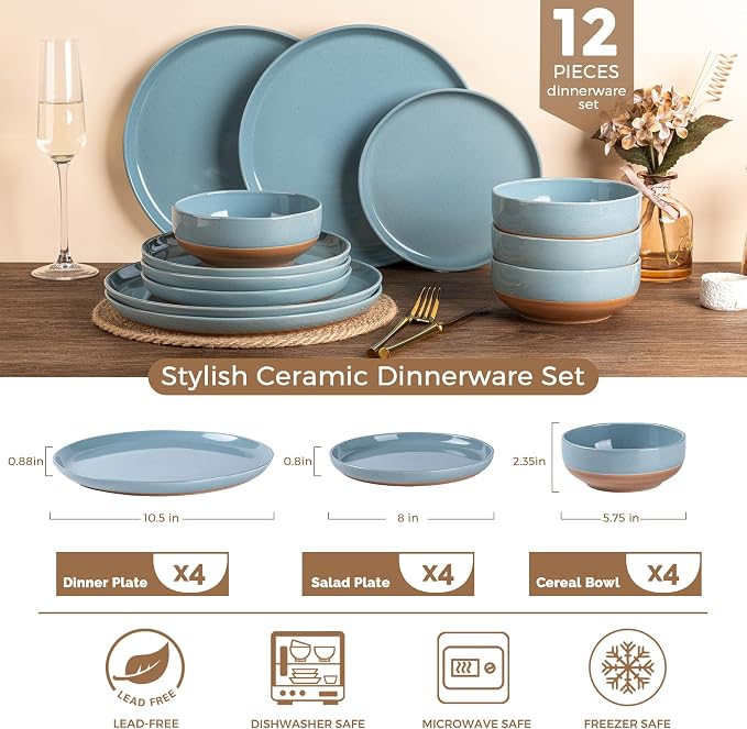 AmorArc Dinnerware Sets for 4, 12 Pieces Ceramic Plates and Bowls Set | Scratch Resistant Stoneware Dishes Set, Dishwasher & Microwave Safe, Stone Blue