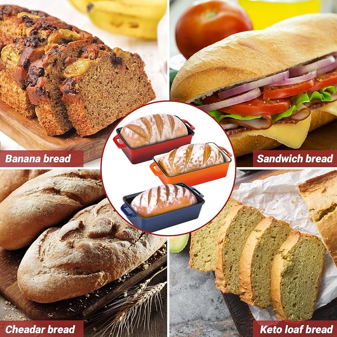 Northriver Casting 9x5 Inch Enameled Cast Iron Loaf Pan with Lid, Perfect Bread Baking Pan | Even Heat Distribution for Homemade Bread, Cake, Meatloaf，2 Piece set，Red