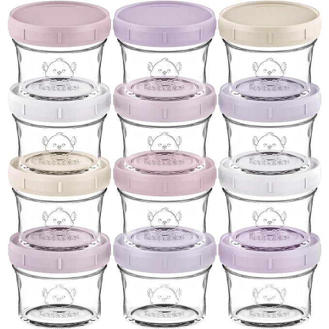 KeaBabies 12pk 4oz Glass Baby Food Containers with Lids, Leak-Proof (Lilac) | Microwavable Small Glass Jars, Baby Purees, Toddler Snack Storage Containers, BPA-Free, Dishwasher-safe, Freezer Safe