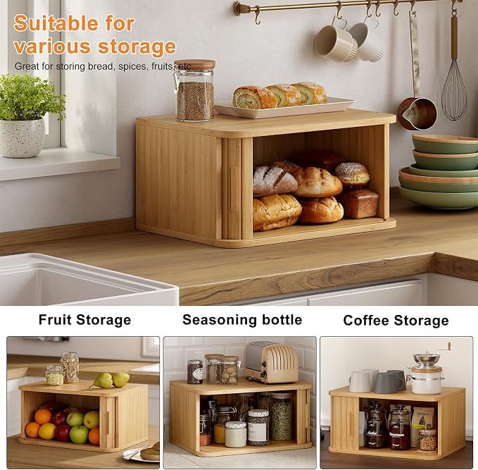 WOWLIVE Roll Top Bread Box for Kitchen Countertop, Bamboo Bread Storage | Airtight Bread Containers, Large Bread Bin with Sliding Door for Loaves, Bagels, Countertop Storage Cabinet, Natural, Medium