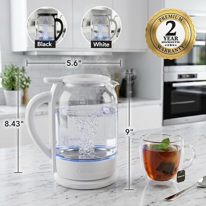 OVENTE 1.5L Glass Electric Kettle Water Boiler, White KG516W | 1500W Fast Boiling, Easy Fill Lid, Stainless Steel Filter, LED Indicator, Auto Shut-Off, Boil-Dry Protection, 360° Base