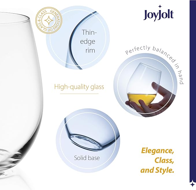 JoyJolt Stemless Wine Glasses Set of 4 – 19 oz Clear Glass Tumblers for Red & White Wine, Cocktails, Dishwasher Safe, Perfect for Home Bar, Gifts