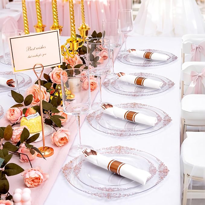 400PCS Pre Rolled Rose Gold Plastic Silverware Heavy Duty for Party | Individually Wrapped Utensils, 100 Guests, Durable and Sturdy, BPA free, Includes Matching Napkins, for Glamorous Weddings