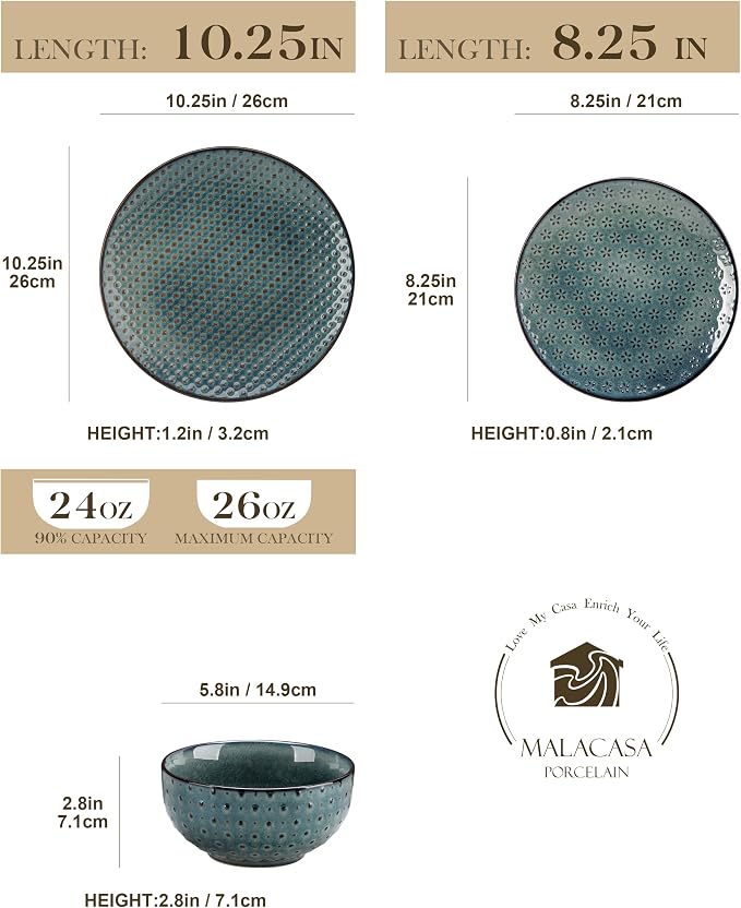 MALACASA 12 Pieces Dinnerware Sets, Farmhouse Plates and Bowls Sets, Embossed Green Dish Set for 4, Vintage Relief Ceramic Dish Set, Chip-Resistant, Microwave and Dishwasher Safe, Series LYDIA