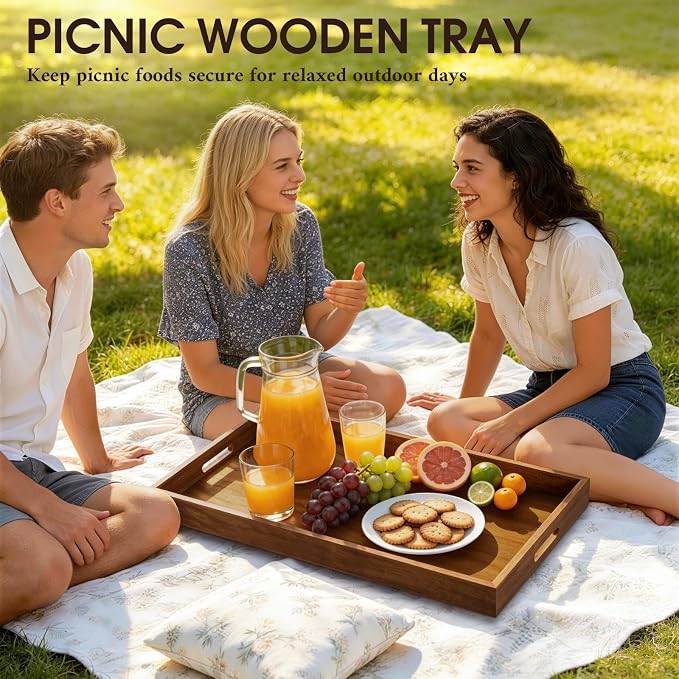 Extra Large Ottoman Tray, 32 x 18 inches Black Walnut Wooden Tray | Rectangle Decorative Tray with Handles, Wood Coffee Table Tray, Serving Platter Tray for Living Room, Countertop, Breakfast