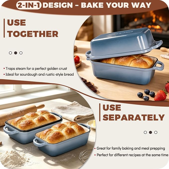 Cast Iron Loaf Pan with Lid, 9x5 Loaf Pans for Homemade Bread | Cast Iron Bread Pan for Sourdough Baking, 9x5 Loaf Pan with 2-In-1 Design, Even Heat Distribution, Sea Salt Enameled