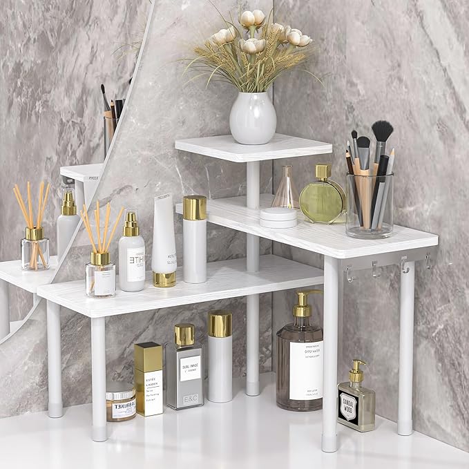 JayRex 3-Tier Bathroom Countertop Corner Shelf Organizer, White | Space-saving corner design organizes spices, skincare and toiletries on kitchen and bathroom counters.