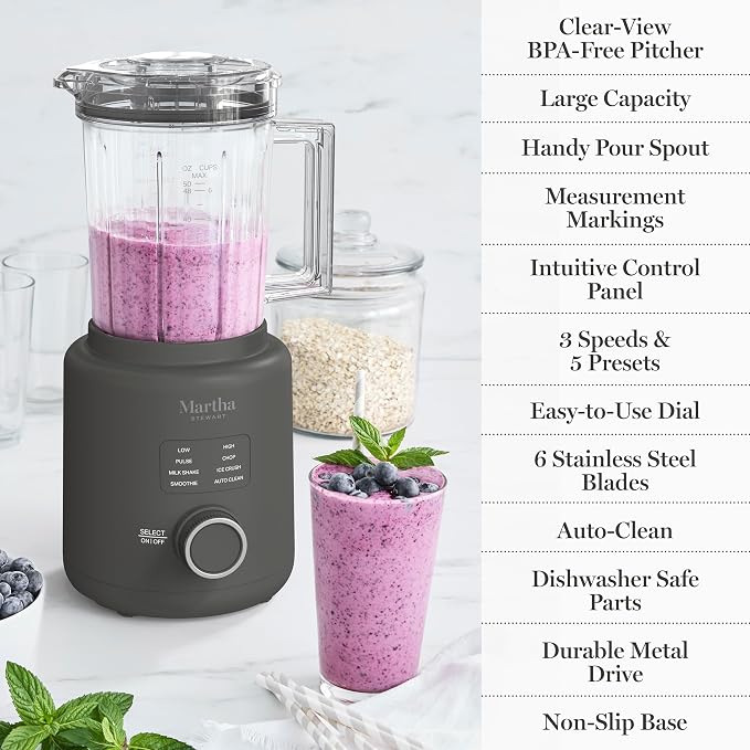 Martha Stewart 50oz Countertop Blender, 3 Speeds, 5 Presets, Caviar Gray | BPA-Free Pitcher, Smoothies, Margaritas, Milkshakes & Ice Crushing, Stainless Steel Blades, Auto-Clean, Dishwasher-Safe Parts