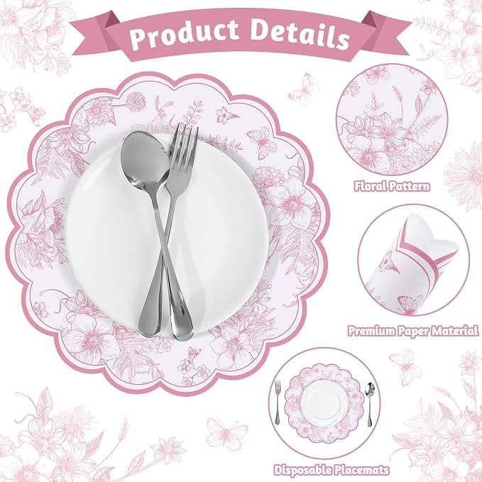 60 Pcs Pink Floral Paper Placemat, 13.5 Inch Disposable Scalloped Table Mat | Wedding Placemats, Vintage Floral Banquet Place Mats for Table Setting Wedding Bridal Tea Party Wildflower Party Decor