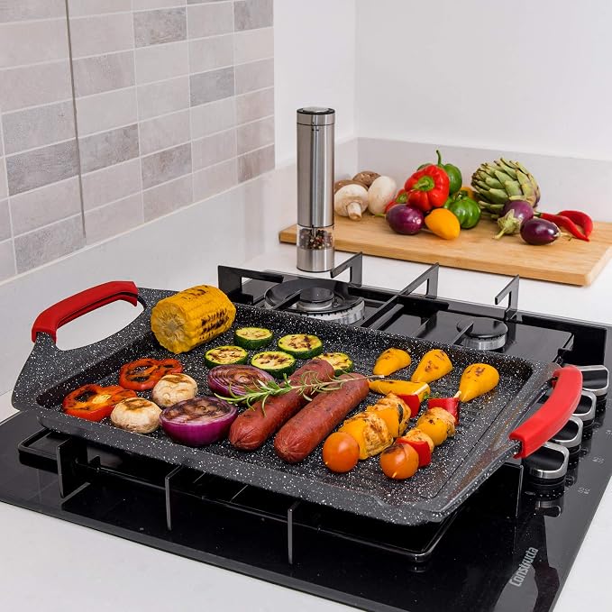 Moss & Stone Griddle Aluminum BBQ, Rectangle Grill Pan for Indoor Cooking | 18x10.5" Non-stick Flat Top Griddle Pan for Stove, For Fish Vegetables & As Steak Pan, StoveTop Induction Grill
