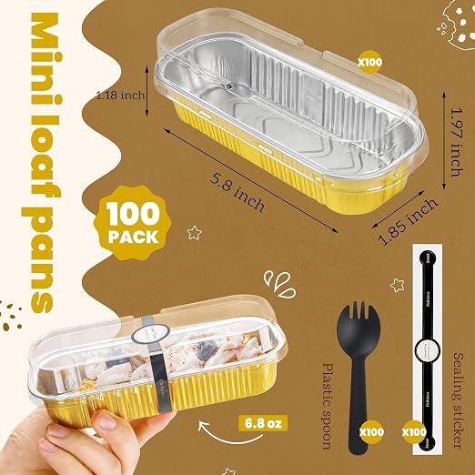 NPLUX Loaf Pans with Lids, 100 Pack Gold 6.8oz for Dessert Displays | Works for sweet bites, savory samples, dips and layered cups; single-base workflow helps limit dish handling.